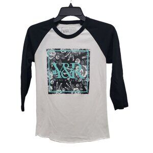Young & Reckless Women's White Black Roses & Lipstick 3/4 Sleeve Baseball Tee XS